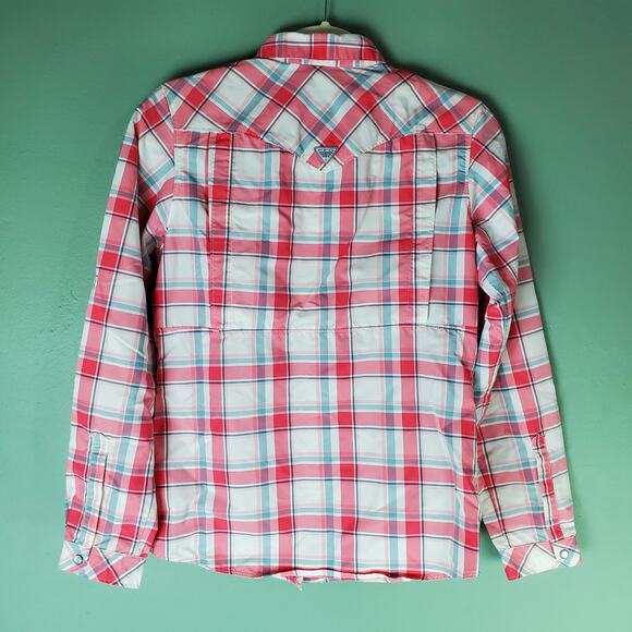 Columbia PFG Womens Pink Blue White Plaid Pearl Snap LS Shirt Top Size Small - Picture 2 of 6